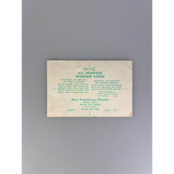 Vintage Hya Lac San Francisco Giants All Purpose Window Sign Sticker - 5.5” - Picture 2 of 2